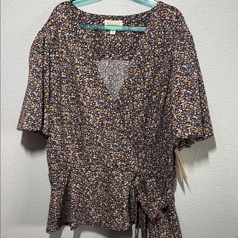 Meraki Brown Tan Wrap Blouse with Tie Front
